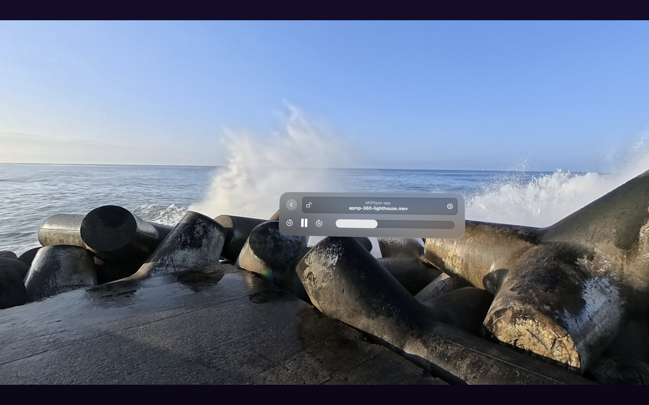 MVPlayer in immersive 3D mode on a compatible immersive headset, playing MV-HEVC stereoscopic video